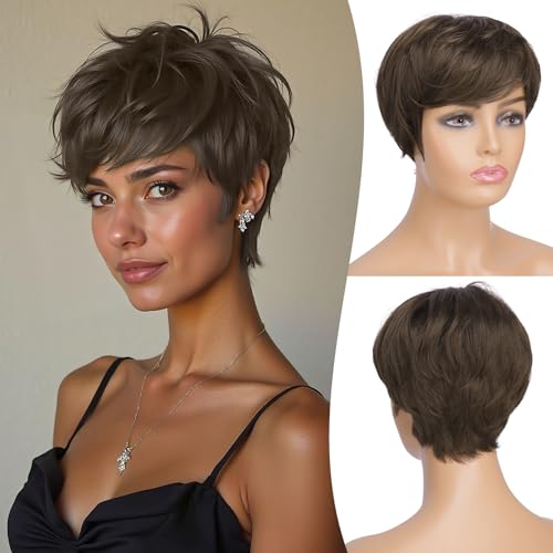 FESHFEN Pixie Cut Wigs Synthetic Short Brown Pixie Haircut Wig with Bangs Glueless Layered Wig Wavy Wigs for Women